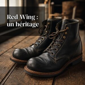 Paire de bottes Red Wing usées avec une riche patine, posées sur un plancher en bois rustique, lumière naturelle douce, faible profondeur de champ, texte superposé 'Red Wing : un héritage' avec ombre portée sur fond sombre semi-transparent.