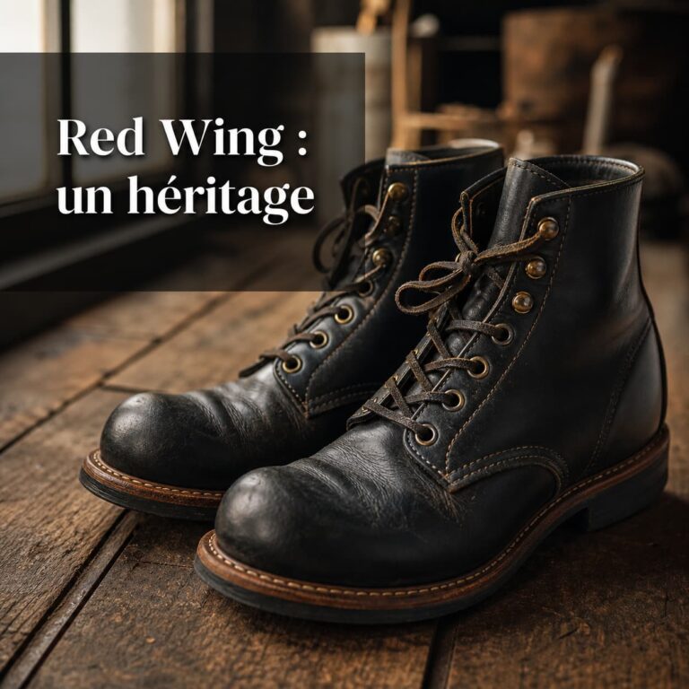 Paire de bottes Red Wing usées avec une riche patine, posées sur un plancher en bois rustique, lumière naturelle douce, faible profondeur de champ, texte superposé 'Red Wing : un héritage' avec ombre portée sur fond sombre semi-transparent.