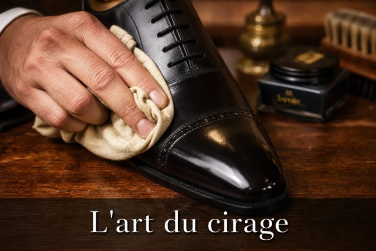 Gros plan d'une chaussure en cuir élégante polie avec un chiffon doux sur une table en bois, texte 'L'art du cirage' superposé en bas.