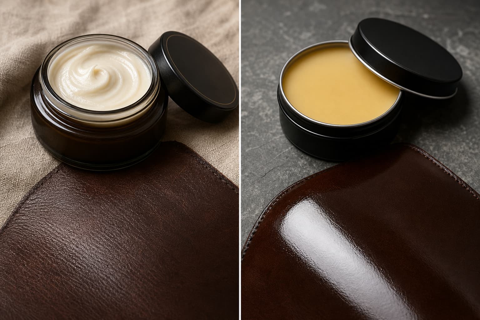 Deux produits de cirage comparés : à gauche, un pot de crème nourrissante au fini mat sur un échantillon de cuir ; à droite, une boîte de pâte à cire au brillant lustré, sur fond texturé, éclairage studio doux.