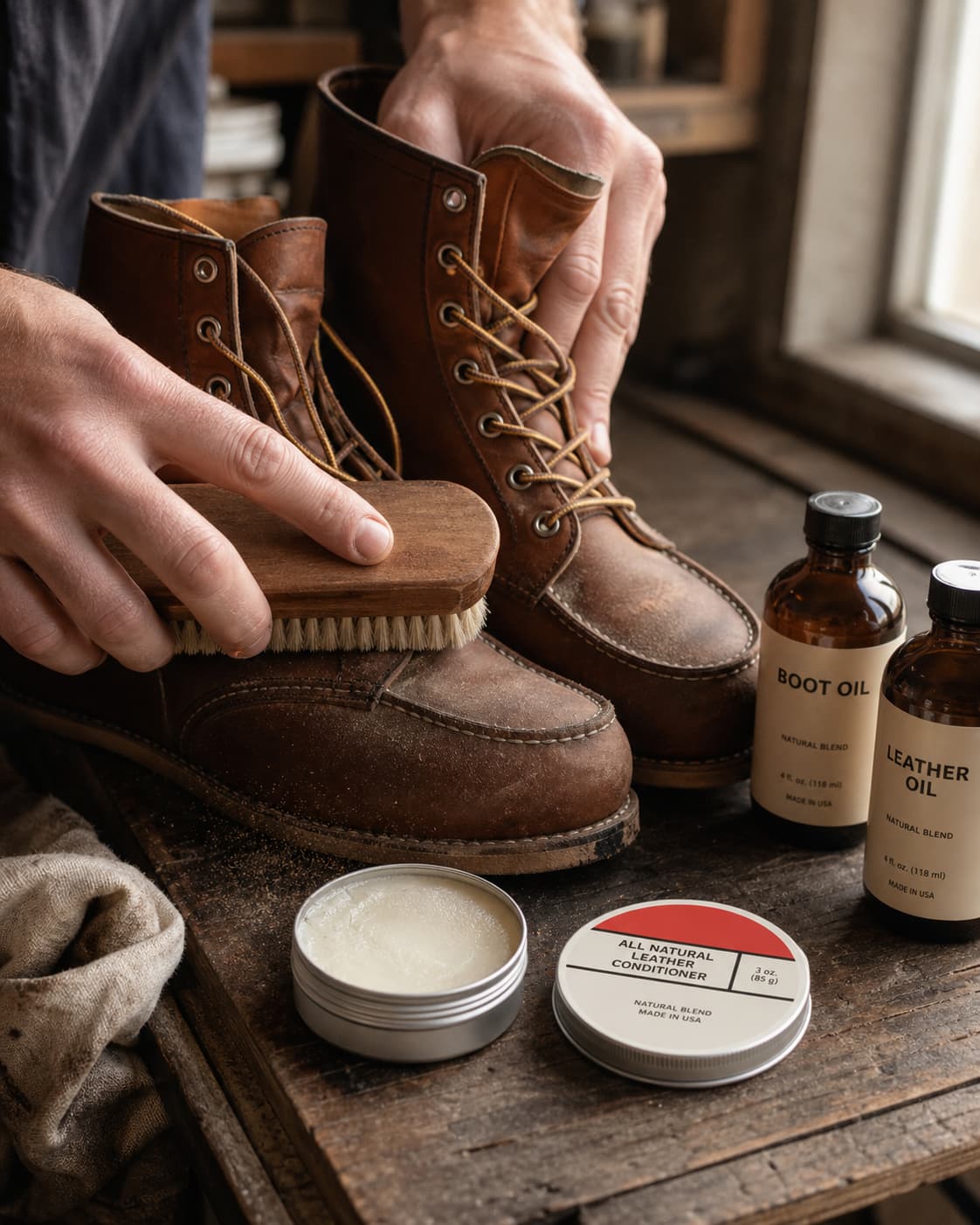 Mains utilisant une brosse en crin de cheval pour nettoyer des bottes Red Wing poussiéreuses, flacons de revitalisant et d