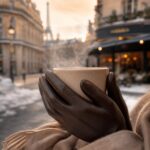 Gros plan sur des mains portant des gants en cuir marron foncé tenant une tasse fumante, avec une écharpe en cachemire visible, sur fond flou d'une rue parisienne enneigée sous une lumière dorée.