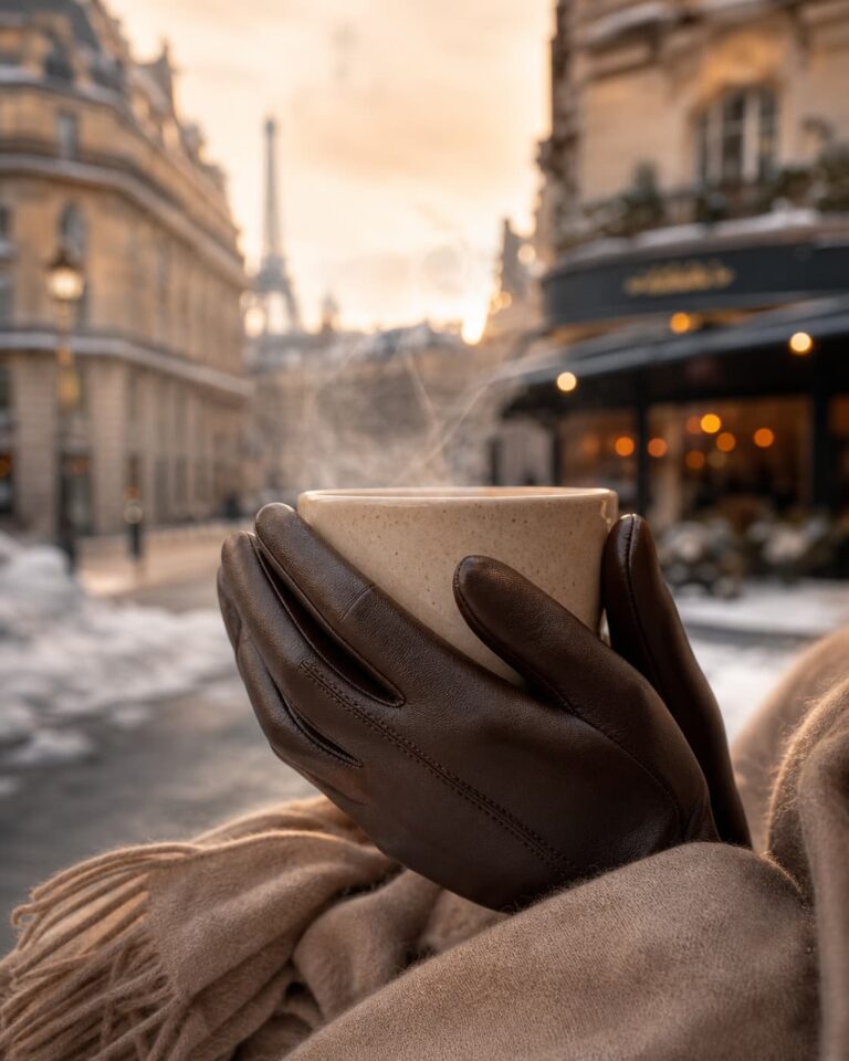 Gros plan sur des mains portant des gants en cuir marron foncé tenant une tasse fumante, avec une écharpe en cachemire visible, sur fond flou d'une rue parisienne enneigée sous une lumière dorée.