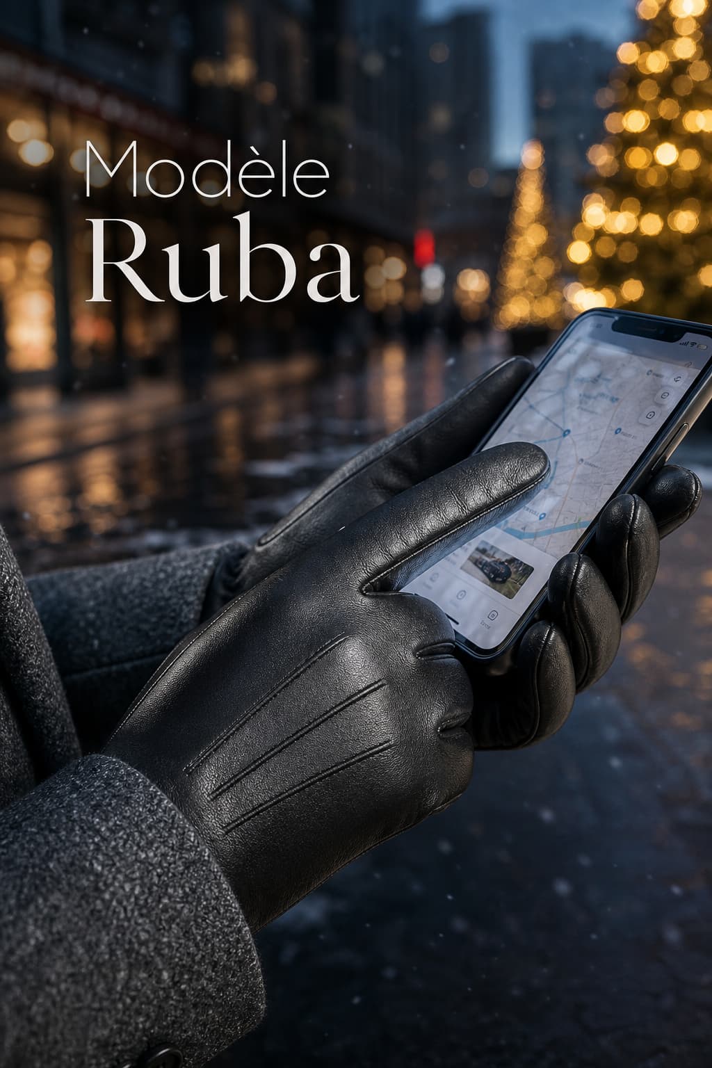 Personne portant des gants en cuir gris foncé modèle Ruba, tenant un smartphone, dans une rue décorée de lumières de Noël, avec le texte
