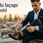 Gros plan sur les mains d'un homme bien habillé qui lace des chaussures en cuir avec un motif unique, sur fond flou de ville à l'heure dorée et le texte 'L'art du laçage réinventé' superposé.
