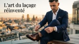 Gros plan sur les mains d'un homme bien habillé qui lace des chaussures en cuir avec un motif unique, sur fond flou de ville à l'heure dorée et le texte 'L'art du laçage réinventé' superposé.