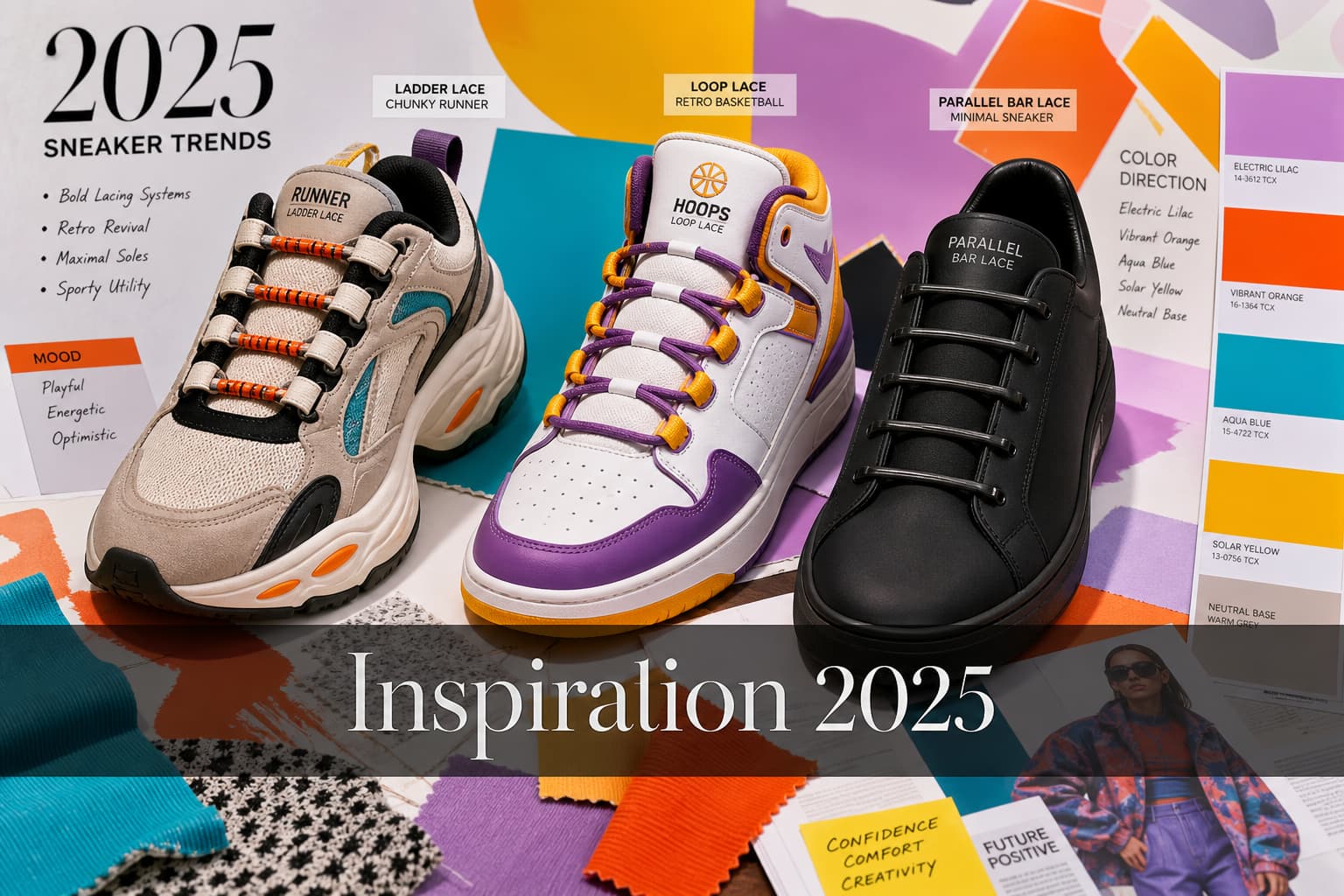 Mood board coloré présentant trois baskets tendance avec laçages innovants : un modèle chunky à laçage en échelle, une basket de basketball rétro à laçage en boucle et une basket noire minimaliste à laçage à barres parallèles, le tout sous un éclairage lumineux avec le texte