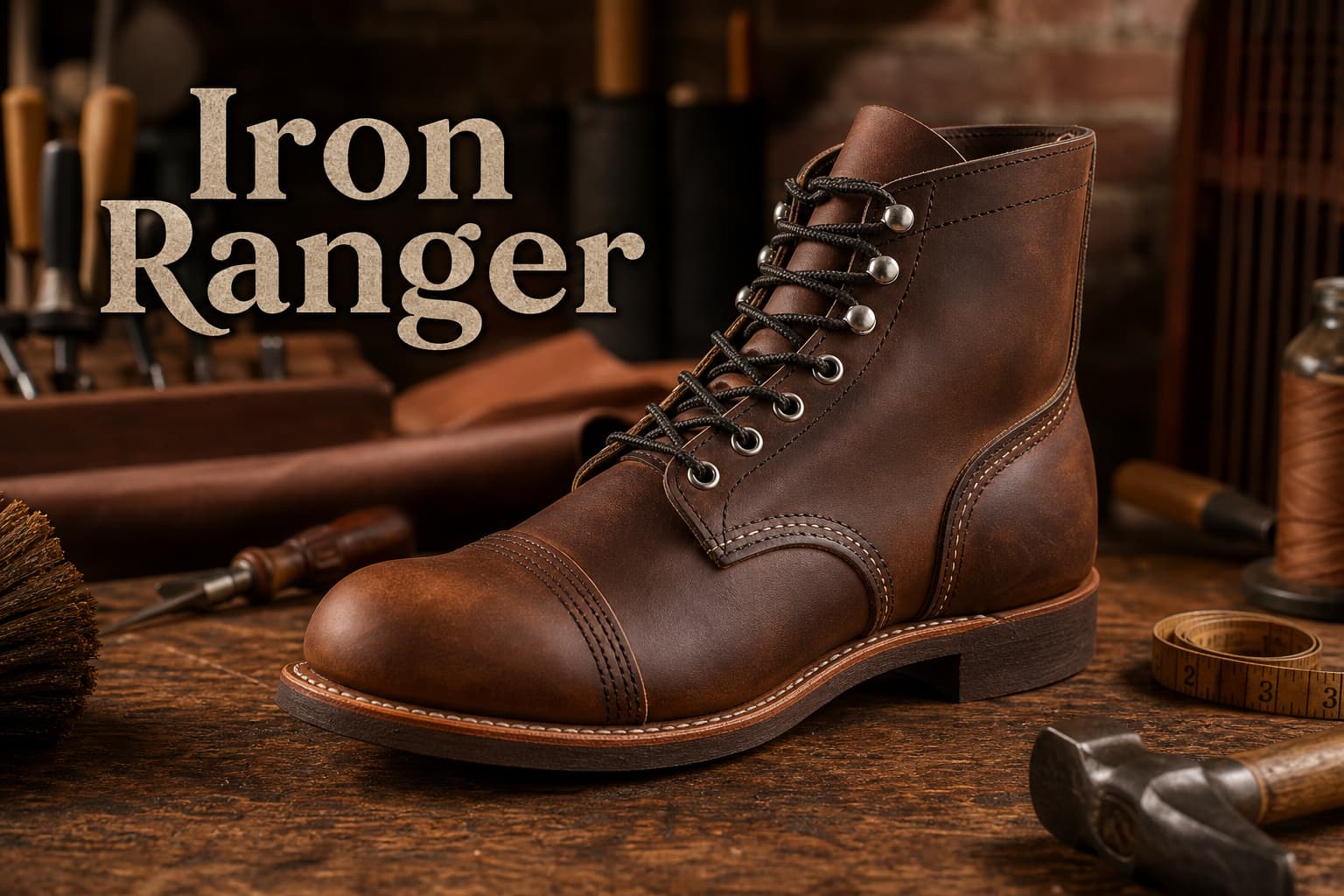 Botte Red Wing Iron Ranger en cuir Amber Harness sur un établi en bois avec des outils d