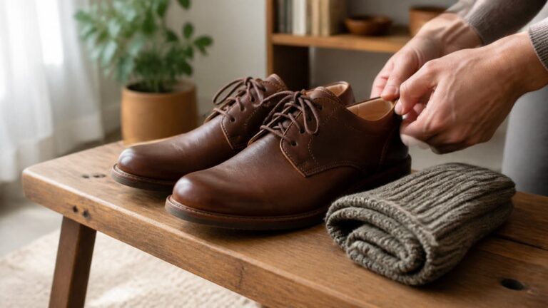 Paire de chaussures en cuir brun posée sur un banc en bois, avec une chaussette épaisse à côté et une main ajustant délicatement le cuir au niveau du talon.