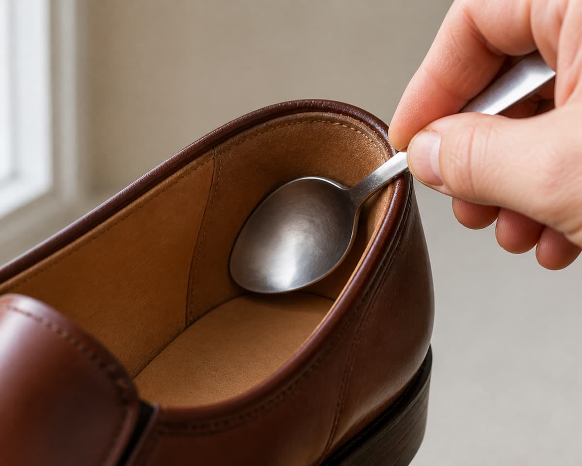 Une main utilise le dos arrondi d'une grande cuillère contre l'intérieur du contrefort en cuir