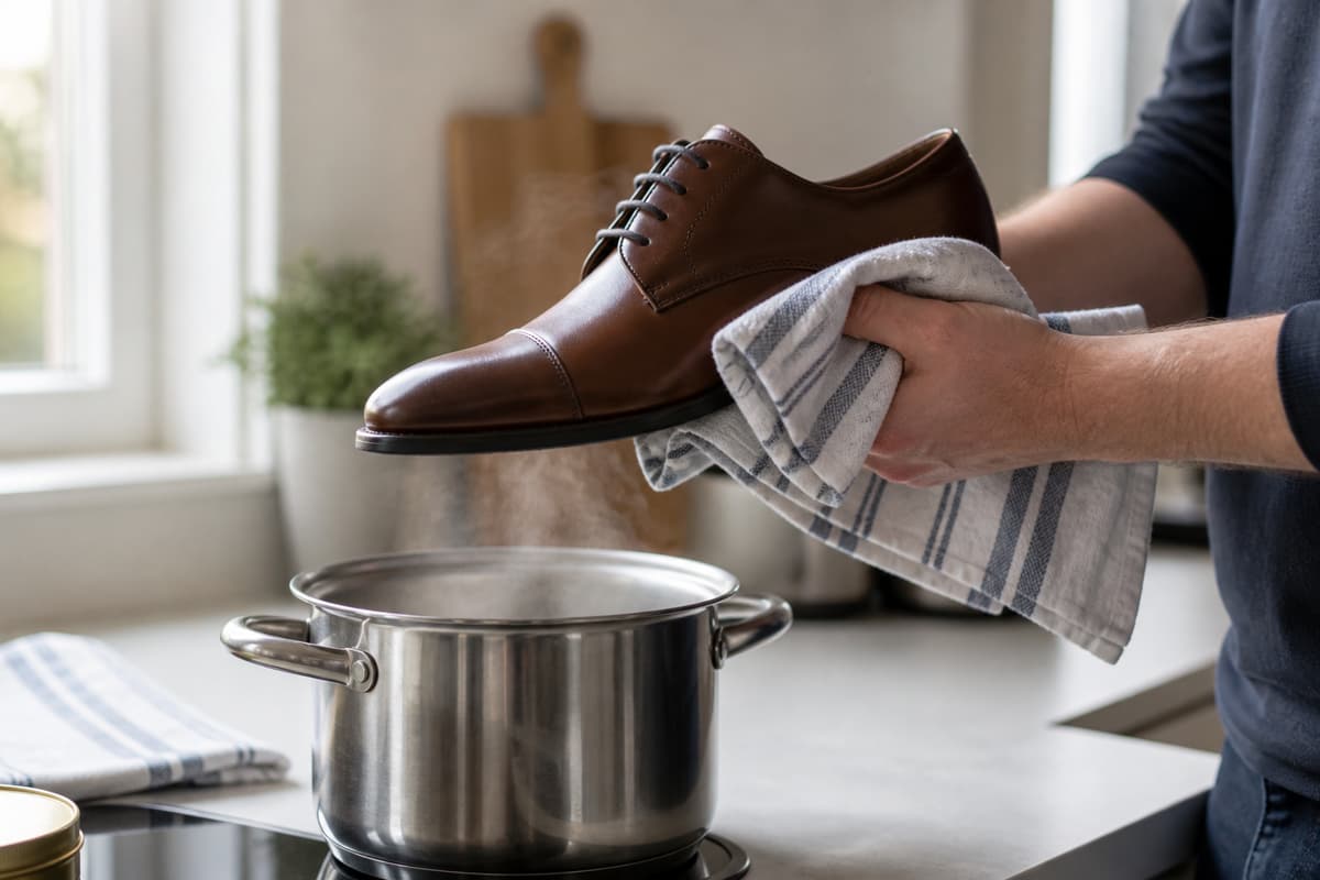 Main protégée tenant une chaussure en cuir brun à distance au-dessus d'une casserole de vapeur