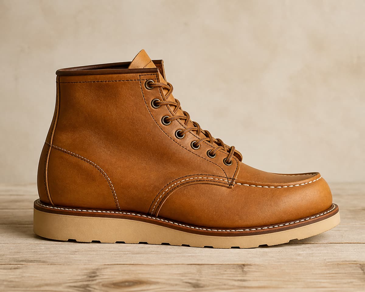 Botte camel de style Classic Moc posée sur une surface en bois clair, vue de profil avec coutures mocassin apparentes et semelle contrastée.