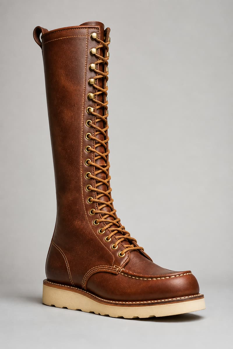 Botte en cuir marron à tige haute inspirée de la Red Wing 877, photographiée en pied sur fond gris clair, avec laçage vertical et cuir naturel.