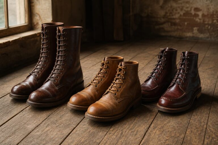 Plusieurs paires de bottes en cuir marron et camel, à tige haute et basse, disposées sur un sol d'atelier patiné avec une lumière douce.