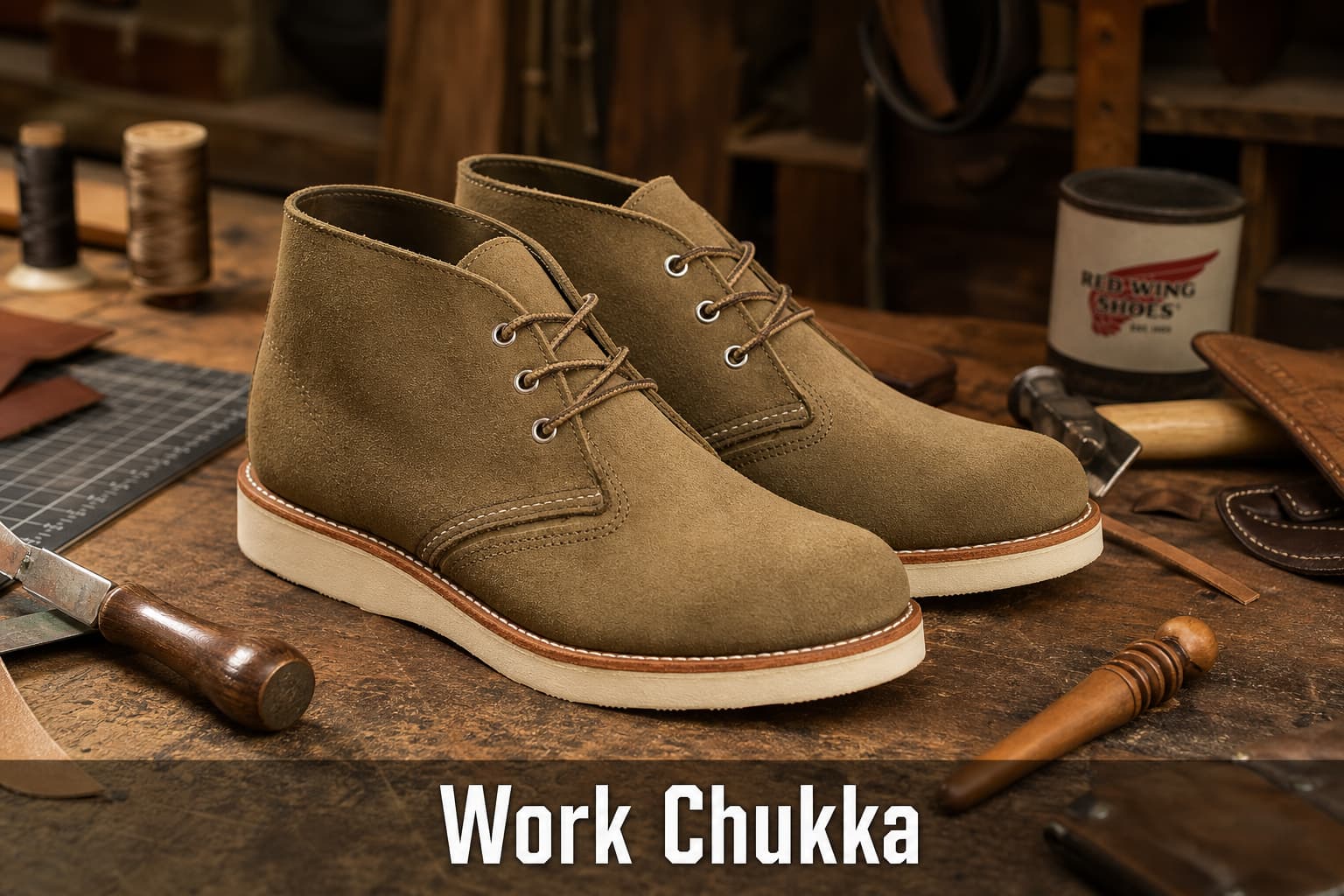 Bottes Red Wing Work Chukka sur un établi, style atelier