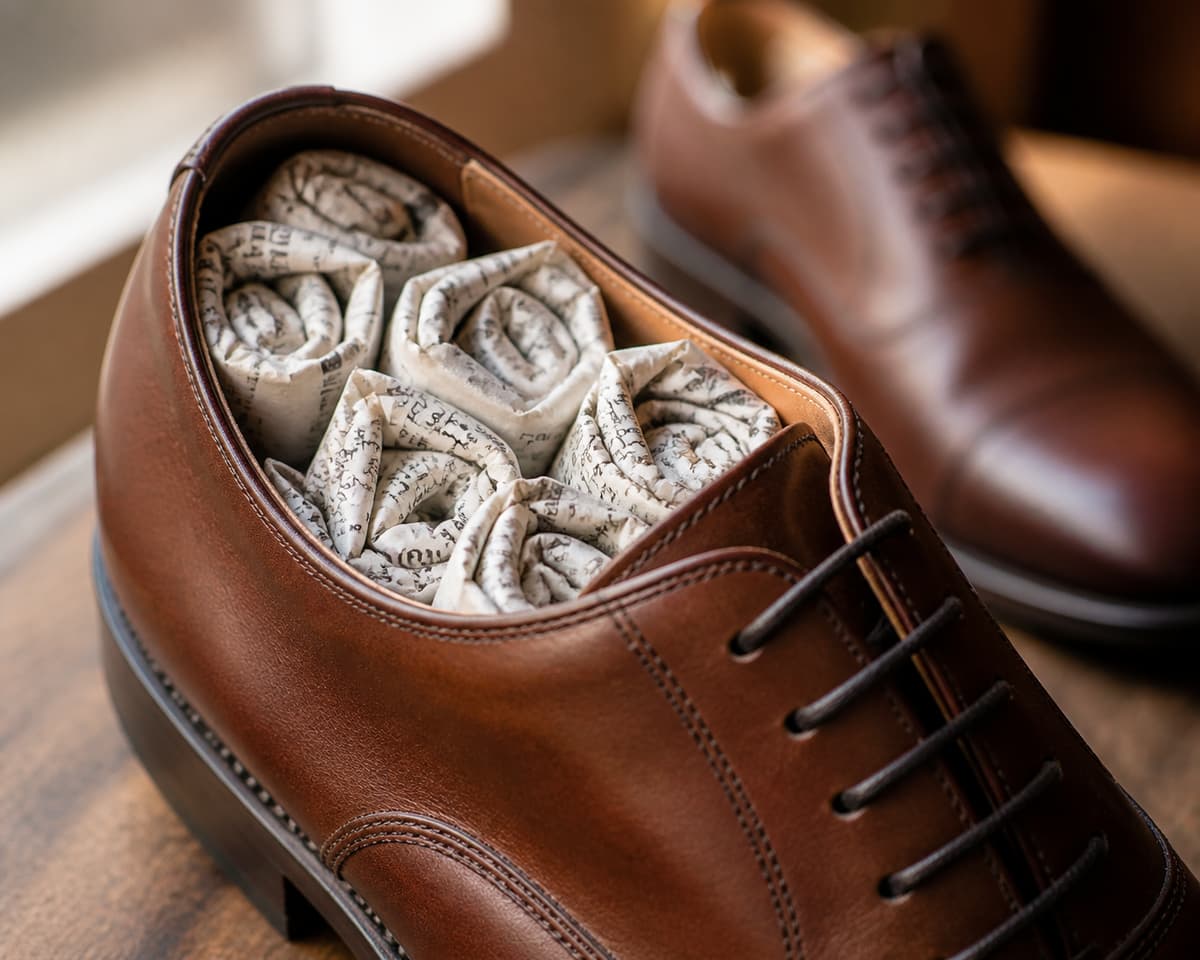 Gros plan d'une chaussure en cuir remplie de boules de papier journal propres