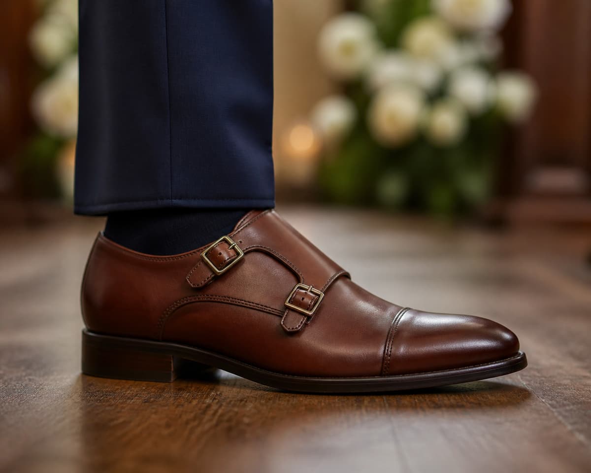 Gros plan sur une chaussure habillée en cuir marron à double boucle métallique, portée avec un bas de pantalon de costume bleu marine, sur un fond de cérémonie discret.