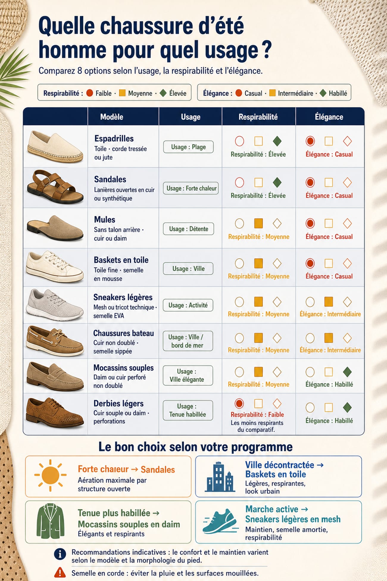 Infographie comparative de huit chaussures d’été pour homme selon l’usage, la respirabilité et l’élégance, avec recommandations pour forte chaleur, ville, tenue habillée et marche active.
