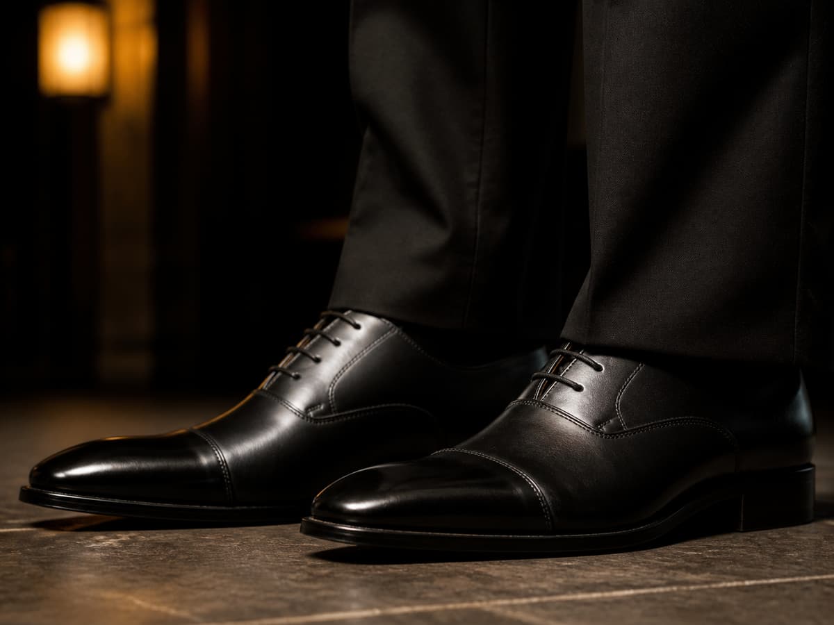 Chaussures noires formelles à finition polie portées avec le bas d'un pantalon de smoking, dans une ambiance de soirée élégante.