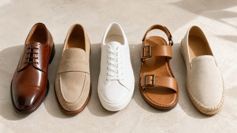 Cinq chaussures d'été pour homme alignées sur un sol clair, progressant d'un derby en cuir habillé à une sandale ouverte, avec un mocassin, une sneaker légère et un mocassin espadrille.