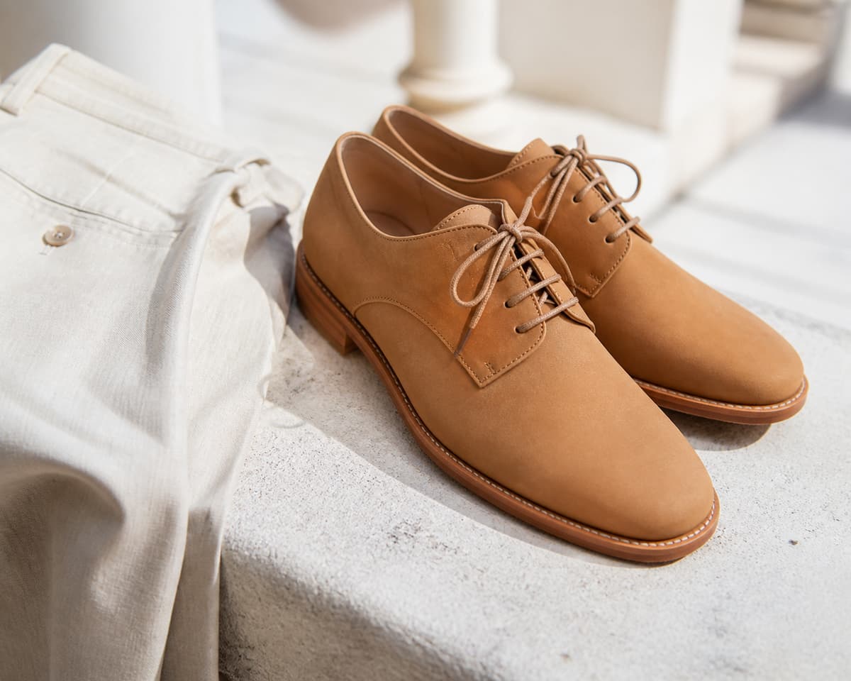 Paire de derbys en cuir souple brun clair avec lacets fonctionnels, posée près d'un pantalon léger dans un environnement urbain lumineux.