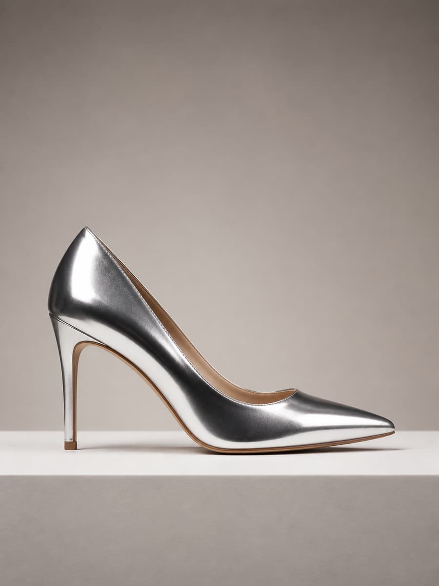 Escarpin argent en cuir brillant vu de profil sur un socle minimaliste, sous une lumière douce.