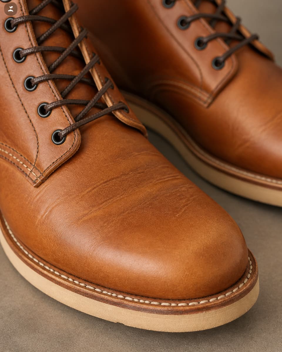 Gros plan sur une botte Beckman en cuir montrant la finition du cuir, les lacets soignés et la jonction entre la tige et la semelle sous une lumière douce.