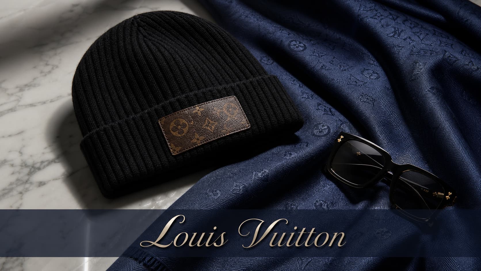 Bonnet Louis Vuitton avec patch en toile monogrammée posé sur une surface en marbre à côté d'un foulard et de lunettes de soleil LV, avec surimpression du texte