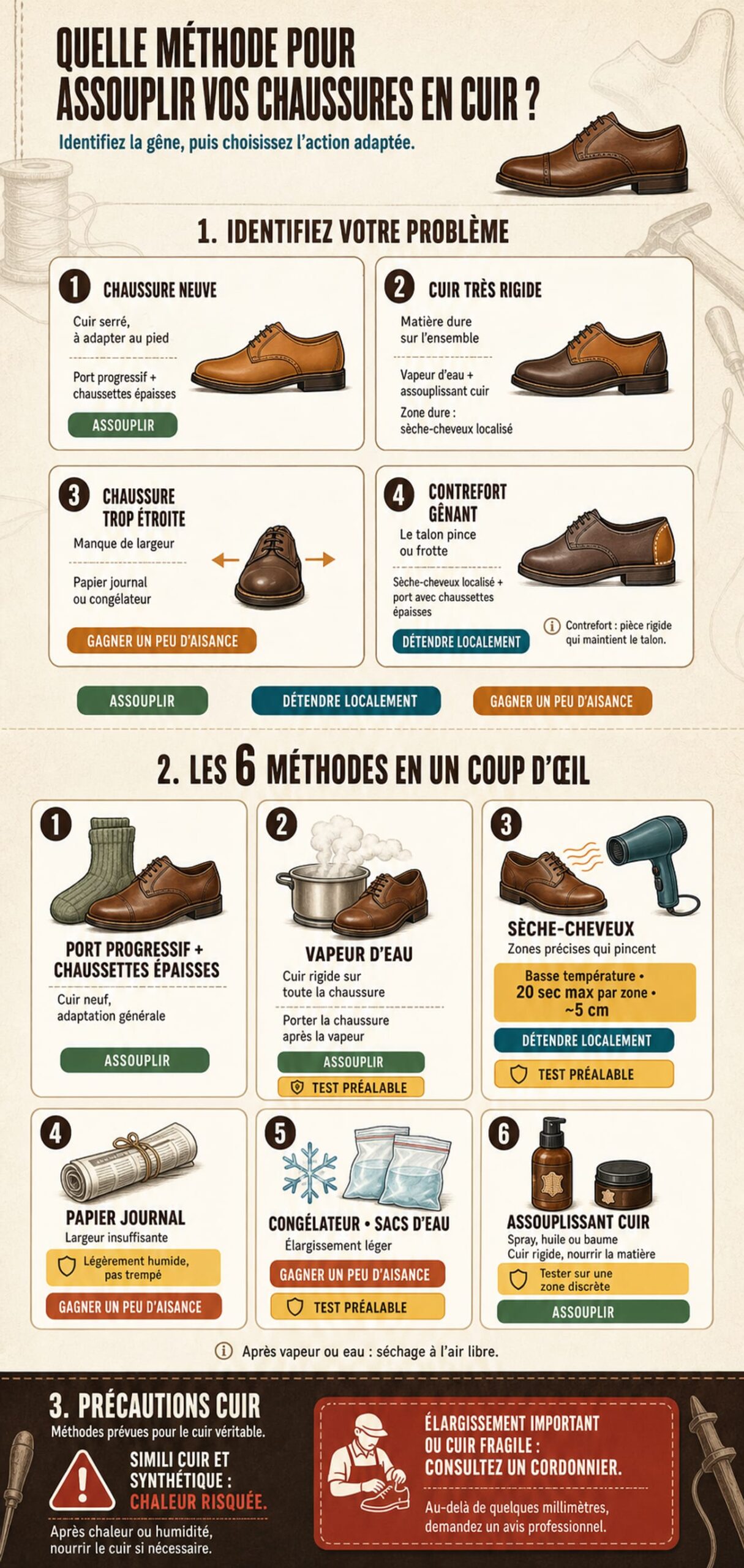 Infographie comparative des méthodes pour assouplir des chaussures en cuir