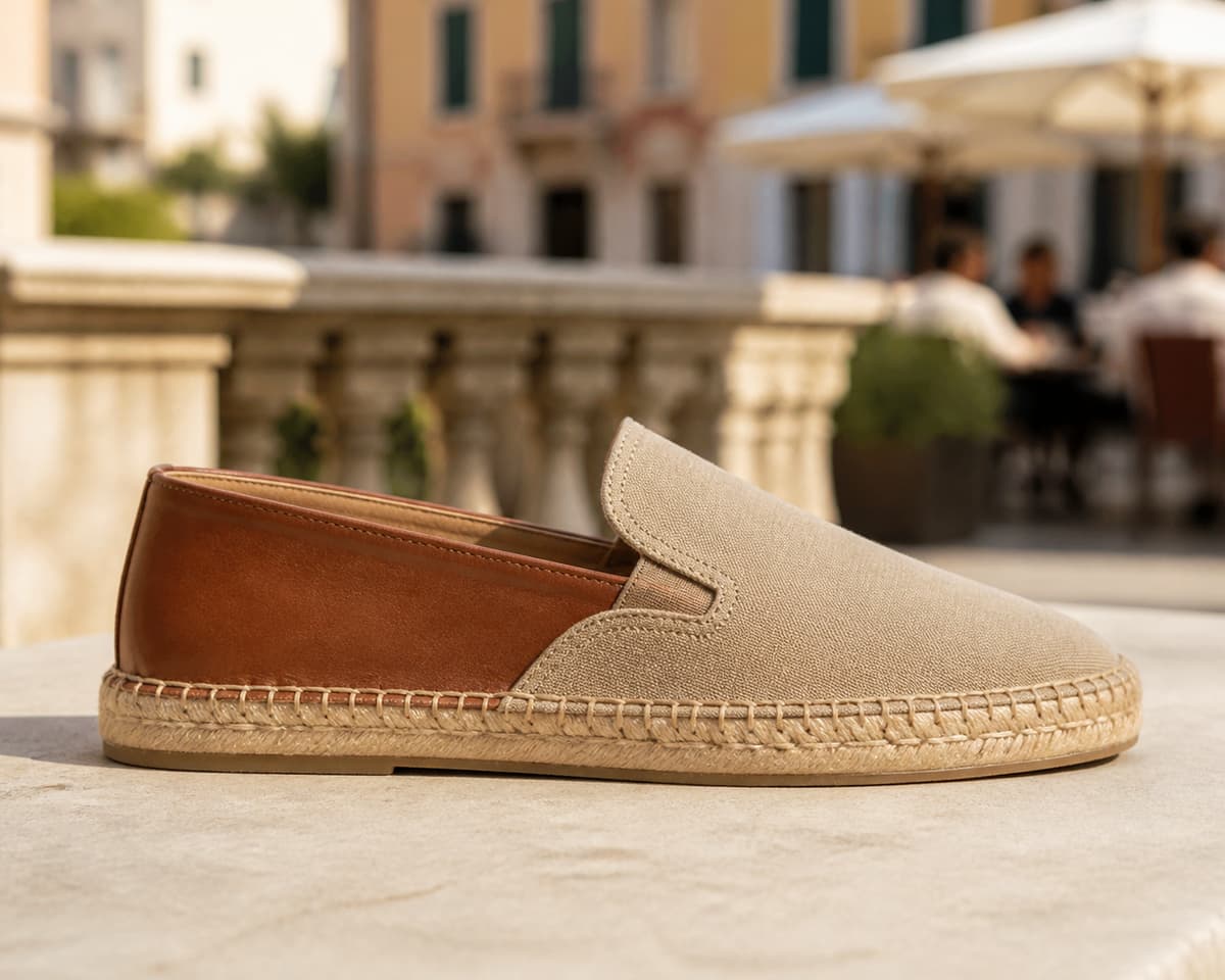 Mocassin espadrille hybride en toile et cuir souple, vu de profil, avec semelle en corde visible, posé sur une terrasse urbaine méditerranéenne discrète.