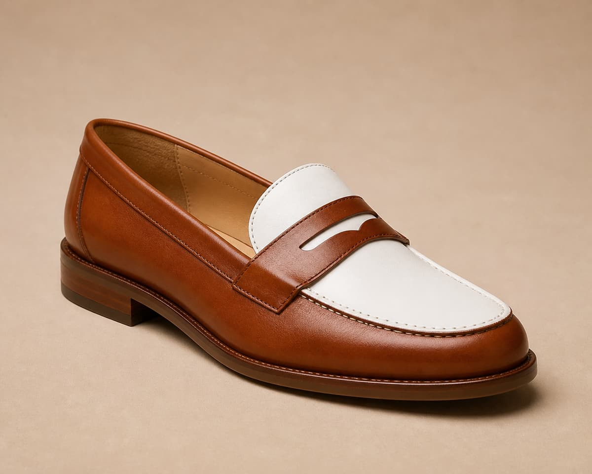 Mocassin femme bicolore armagnac et blanc, visible de trois quarts sur un fond neutre chaud.