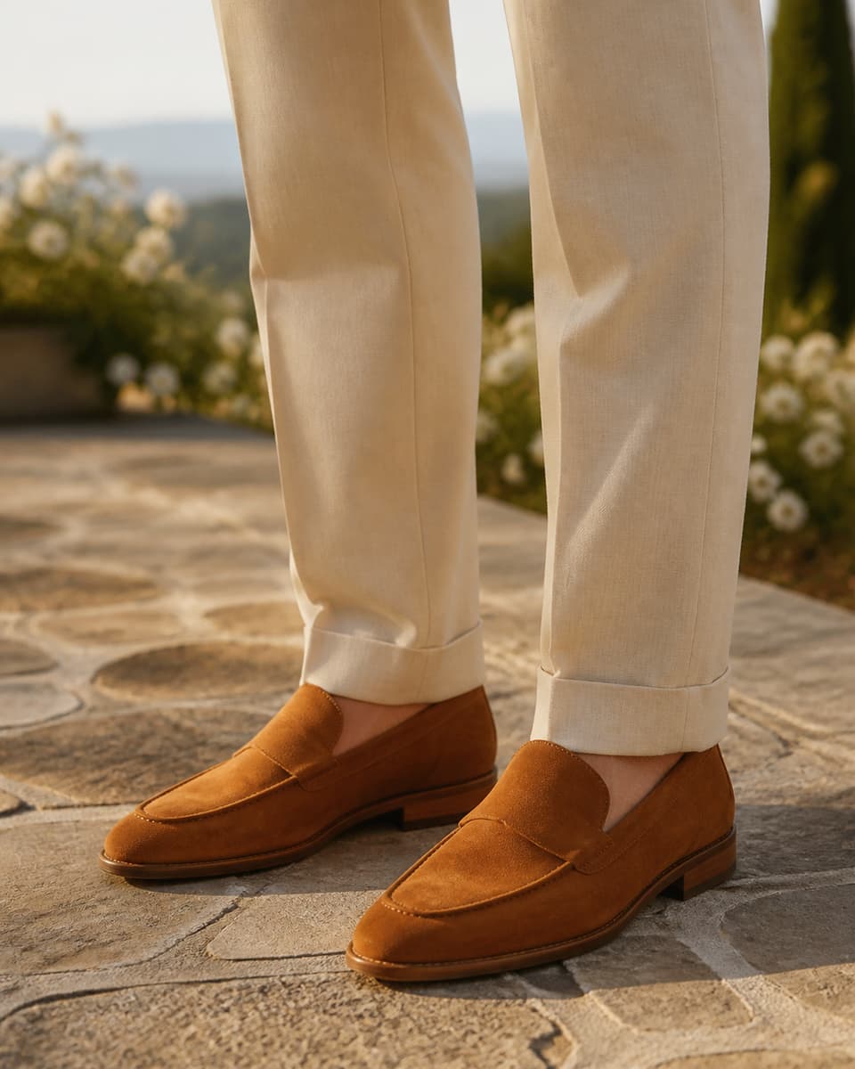Mocassins sans lacets en cuir cognac portés avec un pantalon de costume beige clair sur une pelouse de réception élégante.