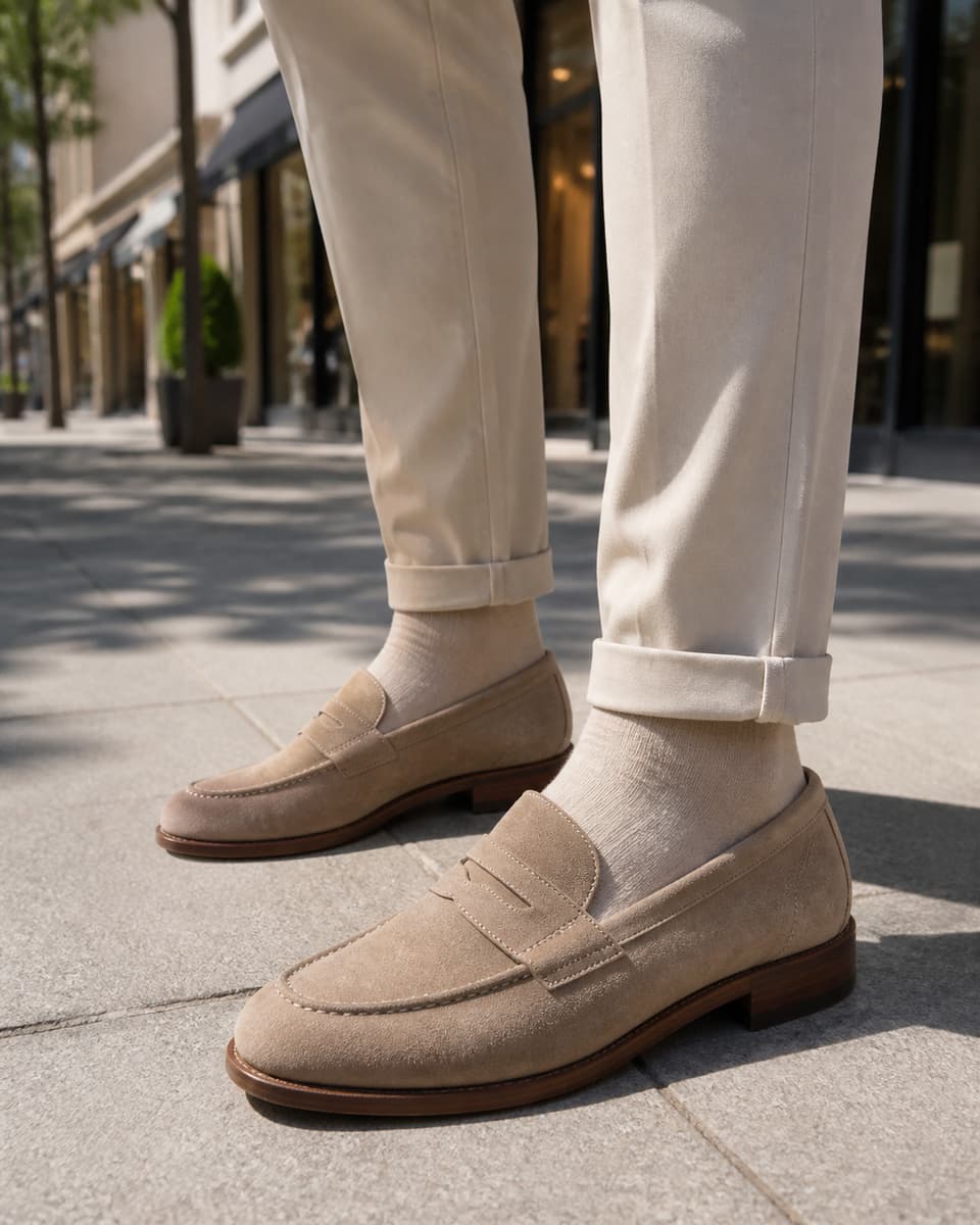 Mocassins souples en daim beige clair portés avec un chino léger retroussé, dans une rue urbaine ensoleillée.