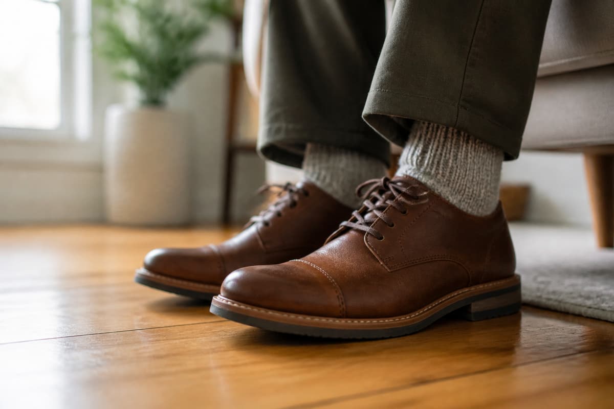Personne assise à domicile portant des chaussures en cuir neuves avec des chaussettes épaisses
