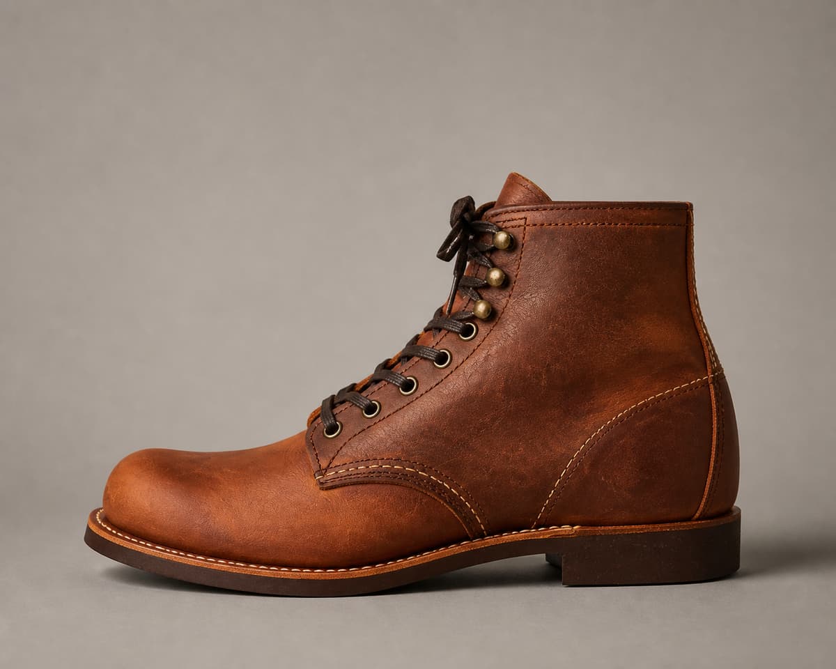 Botte Red Wing Blacksmith en cuir profil épuré sur fond gris chaud, avec lacets et œillets visibles, éclairage latéral.