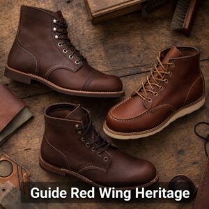 Disposition à plat de trois bottes emblématiques de Red Wing Heritage (Iron Ranger, Classic Moc Toe et Blacksmith) sur une table en bois rustique, avec un texte superposé 'Guide Red Wing Heritage' en bas au centre.