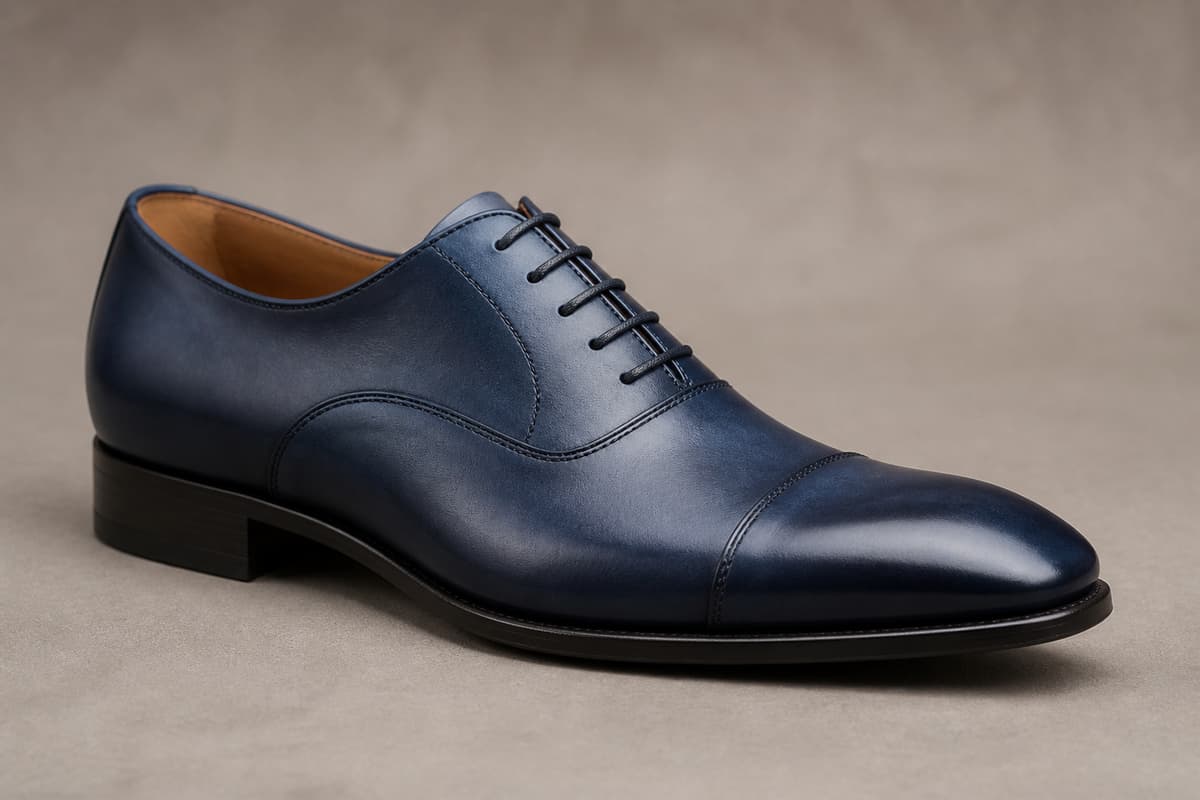 Richelieu homme en cuir lisse bleu océan, vu de trois quarts, avec laçage fermé visible.