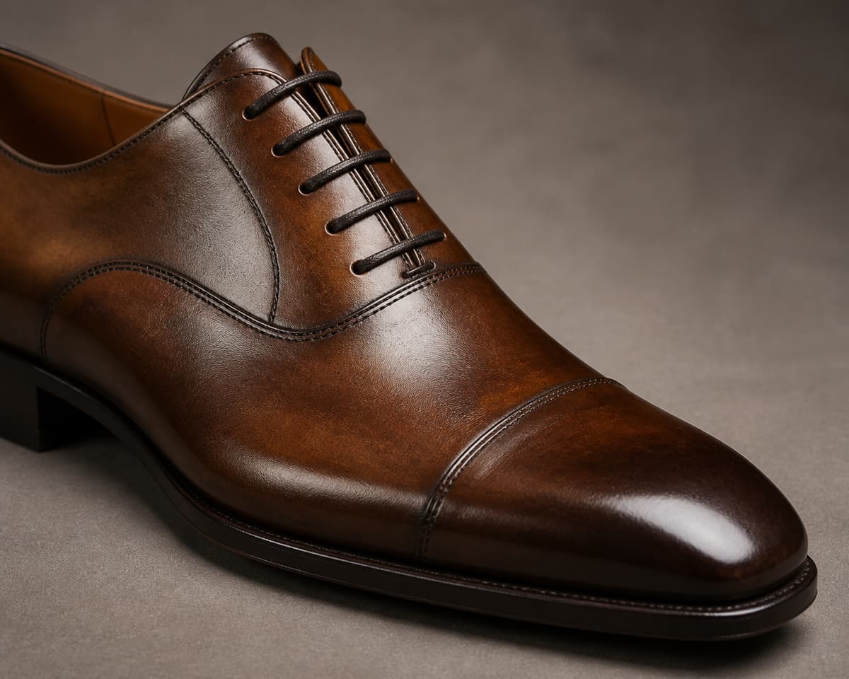 Richelieu marron patiné en gros plan de trois quarts, montrant des variations de teinte brune sur l'empeigne dans une lumière latérale.