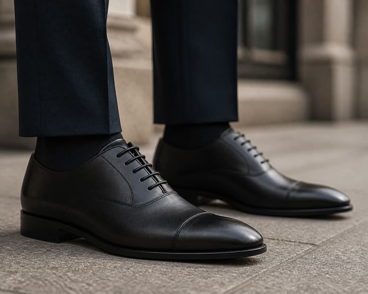 Paire de richelieus en cuir lisse sombre à laçage fermé, portée avec un bas de costume sombre sur un sol urbain.