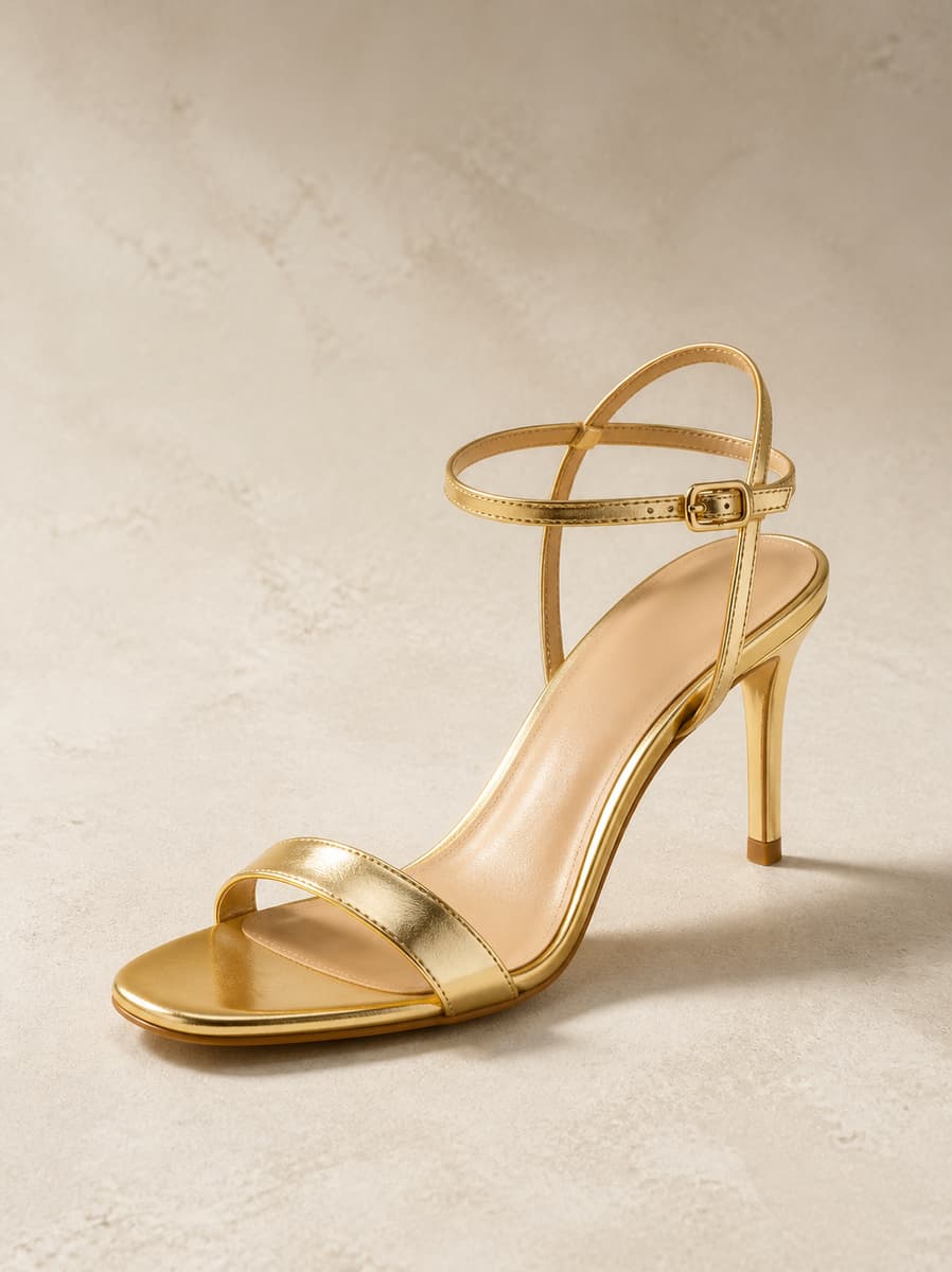 Sandale femme dorée en cuir brillant, isolée sur fond clair neutre.