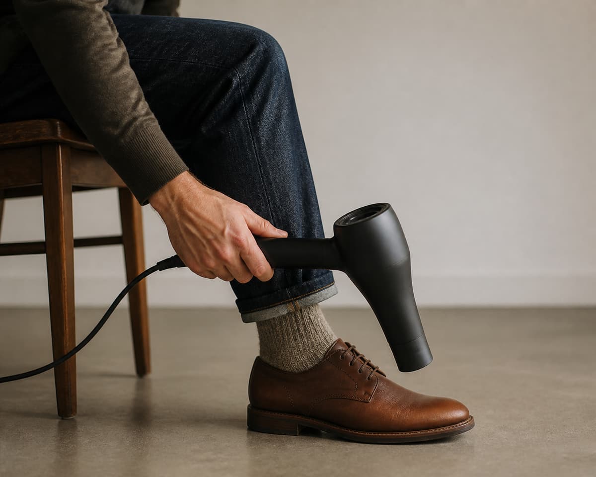 Vue latérale d'une personne portant une chaussure en cuir et une chaussette épaisse, un sèche-cheveux dirigé vers l'avant-pied