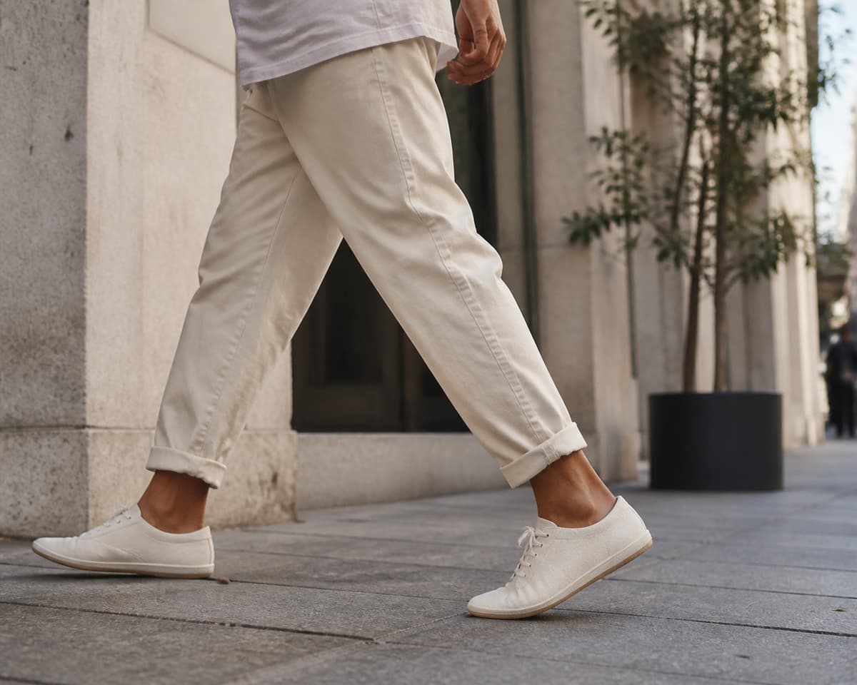 Sneaker basse en toile claire portée en marchant sur un trottoir urbain, avec une tenue décontractée estivale.