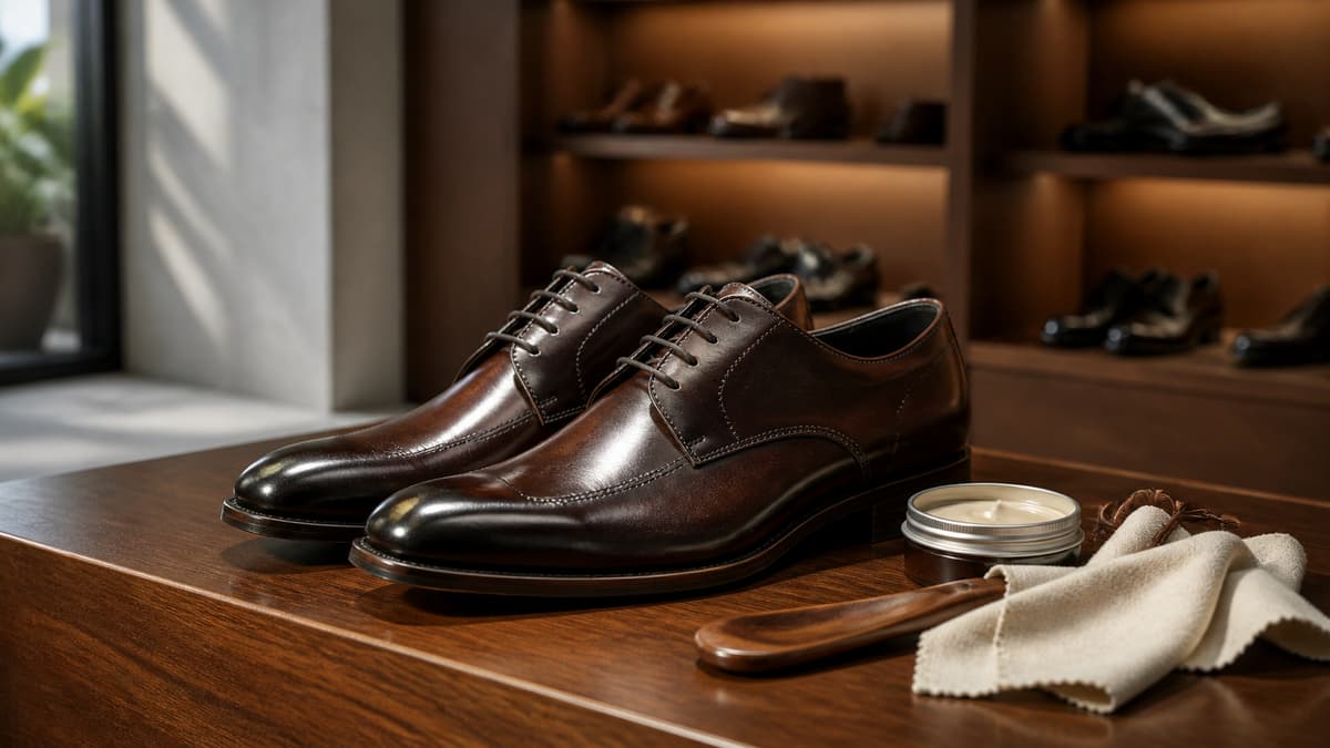Paire de souliers de ville en cuir brun posée sur un banc d’essayage dans une ambiance de boutique avec des accessoires d’entretien discrets.
