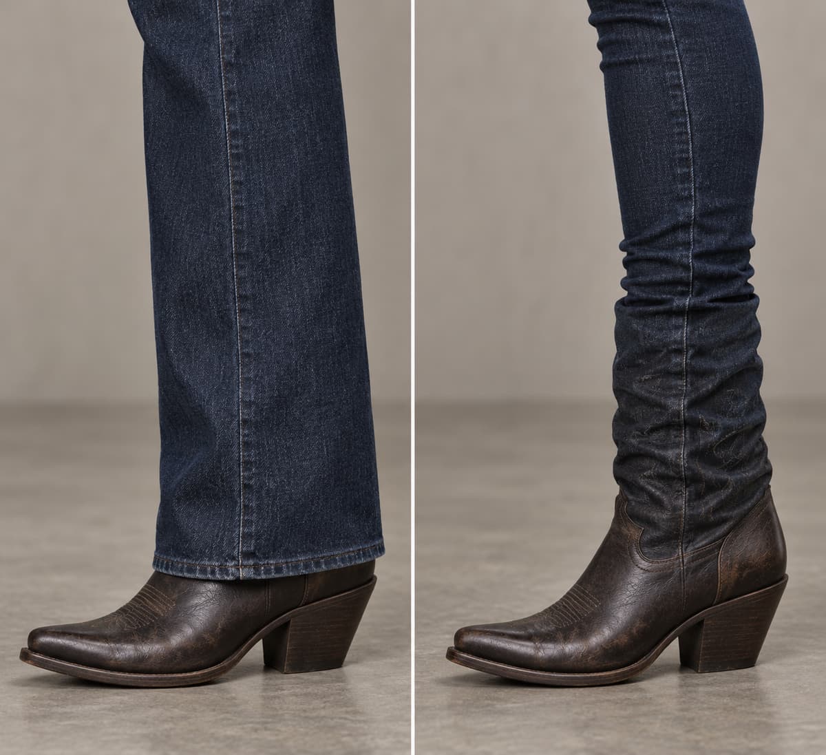 Deux gros plans de jambes portant des santiags : à gauche, un jean droit tombe sans comprimer la tige, à droite, un jean serré à la cheville tend le tissu et déforme la ligne de la botte.