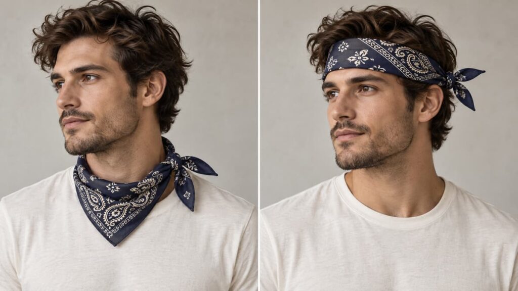 Deux vues côte à côte d’un modèle masculin portant le même haut uni et le même bandana, noué souplement au cou à gauche et plié en bandeau sur le front à droite.