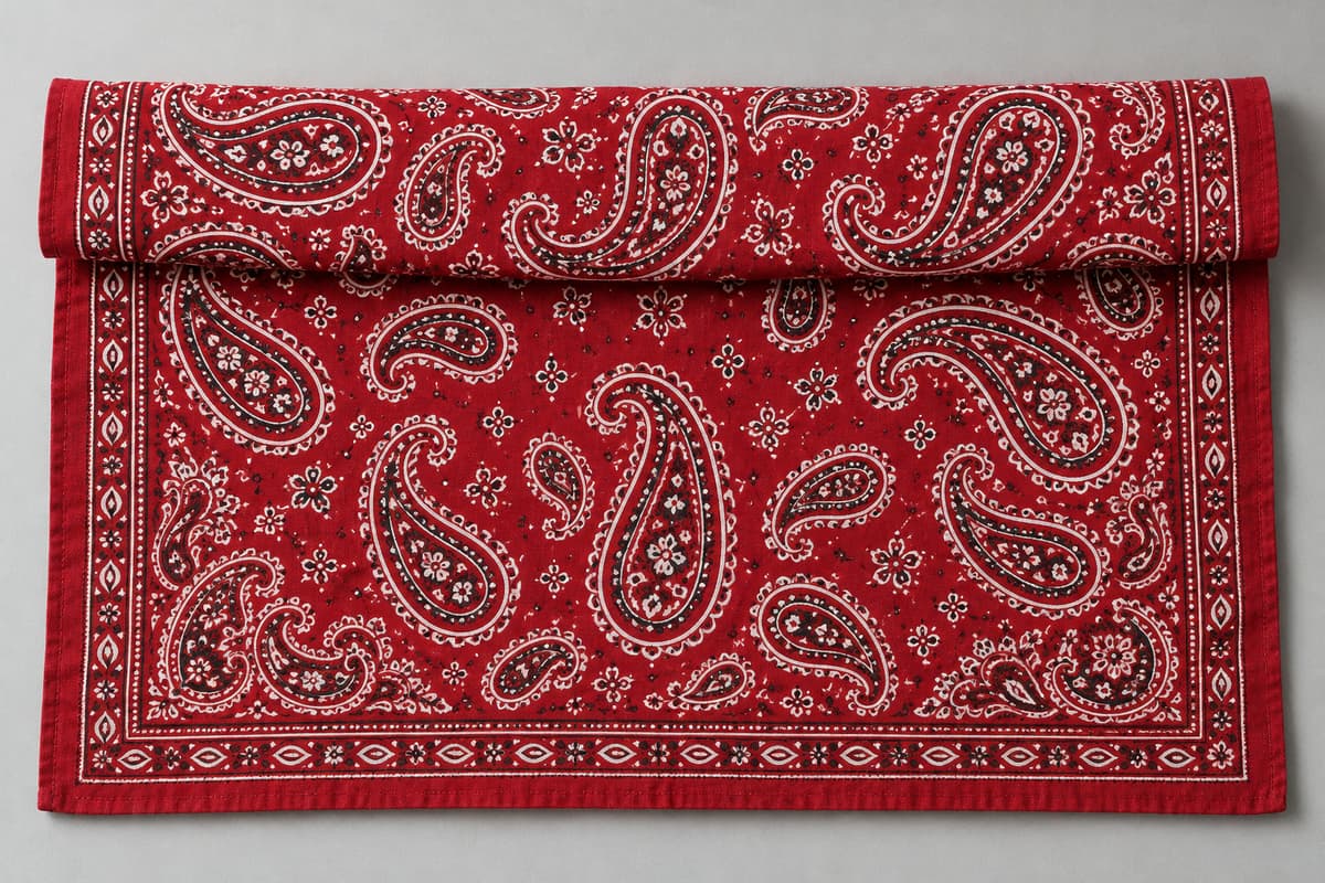 Gros plan d'un bandana paisley posé sur une surface neutre, avec une partie déployée et un bord replié en bande laissant voir les motifs en gouttes courbes.