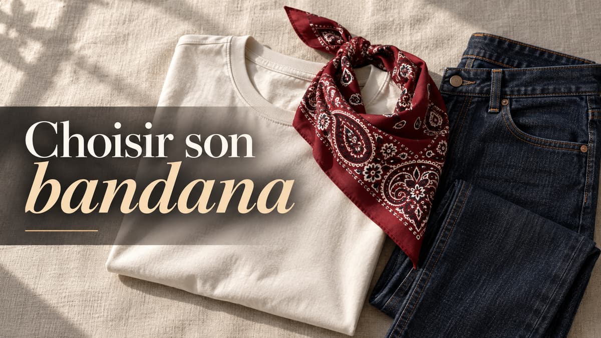 Tenue masculine décontractée à plat composée d’un t-shirt uni et d’un jean, avec un bandana paisley partiellement plié posé près du col.