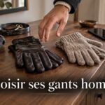 Une main hésite entre une paire de gants en cuir sombre et une paire de gants en maille claire posées sur une console d’entrée, à côté d’un manteau et d’un téléphone.