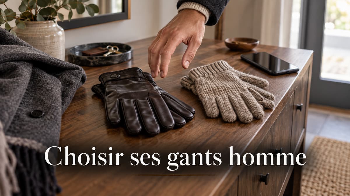 Une main hésite entre une paire de gants en cuir sombre et une paire de gants en maille claire posées sur une console d’entrée, à côté d’un manteau et d’un téléphone.