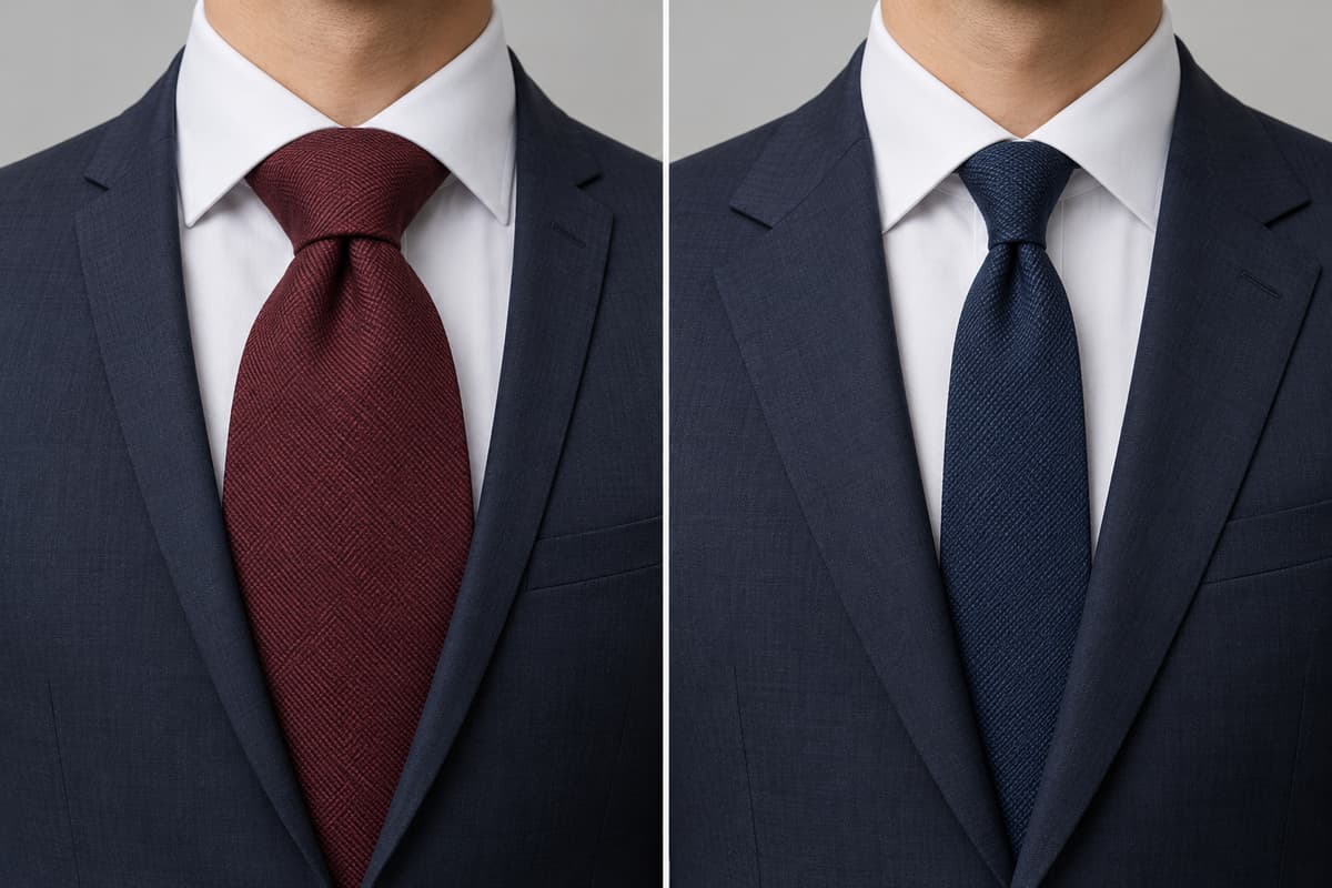 Deux encolures masculines côte à côte : à gauche une cravate trop large pour des revers étroits, à droite une cravate proportionnée au col et aux revers.